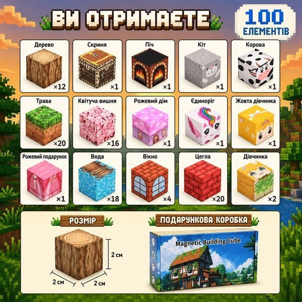 Магнитный конструктор Minecraft Розовый замок и цветущий биом 100 деталей PINKBIOM100 фото